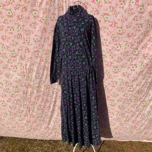 LL Bean vintage 90s dress floral purple navy blue turtle neck midi cottage core